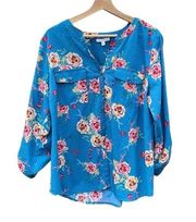 Notations XL blue floral button down blouse