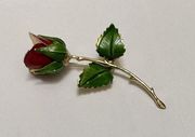 Vintage Giovanni Signed Gold Tone Enamel Rose Flower Red Green Pin Brooch