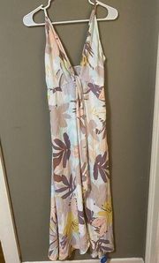 Liliana Leafy Plunge Unique Hem Maxi Slip Dress Pastel Floral NWT