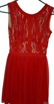 Delias Red Midi Lace and Pleat Party Dress