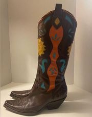 BCBGirls Women Tall Brown Leather Orange Yellow Cowboy Boots NWOT -9B (39)