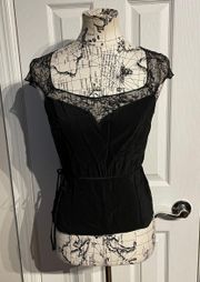 Vintage Satin Lace Retro Tie Whimsygoth sheer belt cap sleeve Cocktail party top blouse Women Sz 6