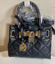 NWT Badley Mishka mini diamond quilted tote with front Lock gold trim