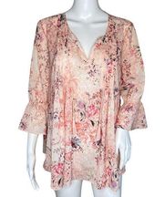 T Tahari Shirt Womens Medium Pink Floral Bell Sleeve Tasseled Tie Top Bloomcore