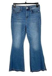 SO JRS SZ 11/30 Flare Jeans Hi-Rise Whiskered Stretch Side Slits Zip-Fly Blue