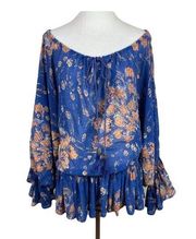 Moda International Top Medium Blue Floral Ruffle Sheer‎ Bell Sleeve Blouse