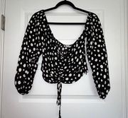 Polka Dot Print 3/4 Length Sleeve Ruched Front Crop Top