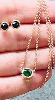 14K Rose Gold  & Emerald Earrings Bezel Setting Necklace Set