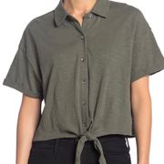 Splendid Tie Front Cropped Blouse in Olive Green