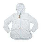 Duluth Trading Co Pier Genius Shirt Jacket White Teal Hooded Womens Large Coat