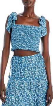 NWT Poupette St Barth Top Cropped Smocked Floral Print Blue Triny Top Size XS