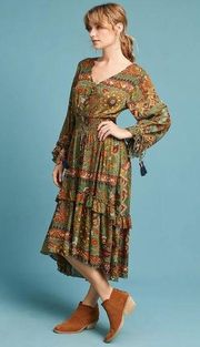 Anthropologie  Ruffled Peasant Floral Long Sleeve Midi Dress