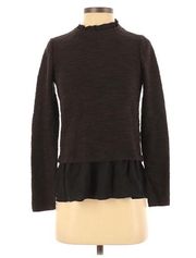 LOFT Knit Top Size XXSP Women Black Mock Neck Peplum Mixed Media Long Sleeve NEW