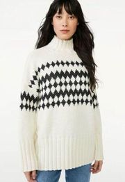 Free Assembly  Oversized Turtleneck Tunic Sweater Ivory Black Medium