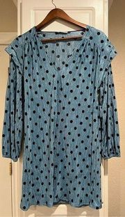 ZARA  Polka Dot Mini Dress Blue & Black Ruffle Shoulders V Neck Size Small