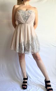 Lace/Mesh Strapless Glitter Homecoming Mini Dress - Blush Pink - 7