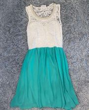 Mini Dress w White Lace Top & Turquoise Skirt