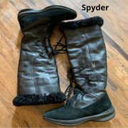 SPYDER Womens BLACK TALL Lace Front FUR LINED Leather Snow BOOTS Shoes SIZE 7.5