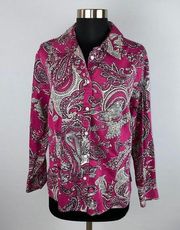 Talbots Pink White Black Paisley Button Down Shirt Stretch Sateen Cotton 16 W