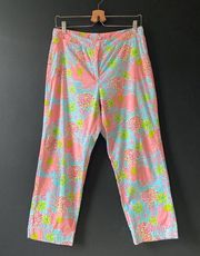 Lilly Pulitzer White Label Blue Pink Elephant Floral Print Pants Size 8