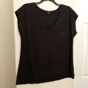 I Heart Ronson Black Short Sleeve V-Neck Top - Size XL - Contrast Swiss Dot Back