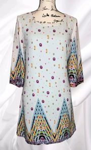 Womens LG Boho Jeweled Print 3/4 Sleeve Shift Dress Ivory Fully Lined