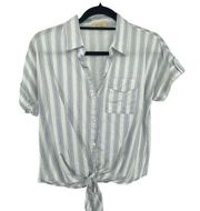 Love Notes Women’s Gray White Striped Button Tie Front Short Sleeve Top Small