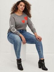 Torrid Love Hearts Gray Red Long Raglan Sleeves Pullover Crew Sweater Top Size 4