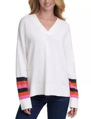 TOMMY HILFIGER Rainbow Striped-Sleeve Sweater V-Neck Pullover SZ M NWOT