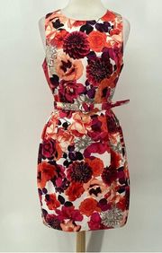 Eliza J Fit & Flare Mini Dress Floral Pattern Sleeveless Belted Orange Red 14