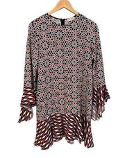 Beulah London Silk Geometric Crew Neck Bell Sleeve Shift Tunic Dress Top Size 10