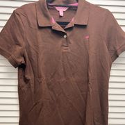 Brown and Pink Short Sleeve Collared Polo Shirt in Size Large