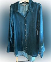 Habitat Blue Teal Velvet Long Sleeve Hi-Lo Button-up Shirt Blouse Medium