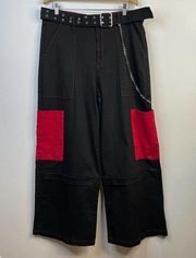 Hot Topic Black Red Wide Leg Cargo Pants Belted Chain womens 19 XXL