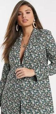 Mango MNG Floral Print Longline Blazer One Button Oversized Women's XXS