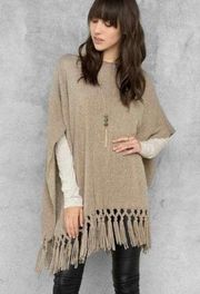 Francescas Open Gold Fringe Metallic Knit Poncho Shawl Sweater Tan OS