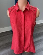 San Joy Red Faux Suede Button Down Sleeveless Top M Shirt NWT Studded K2