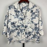 Panama Jack White Blue Short Sleeve Tropical Linen Blend Crop Button Up Top