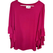 Joseph Ribkoff Hot Pink Double Ruffle 3/4 Sleeve Round Neck Blouse Sz 10