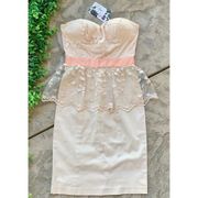 Elise Ryan Lace Embroidered Peplum Cocktail Dress Peach Beige Size UK 6 US 2