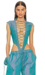 LAQUAN SMITH Utility Lace Up Bodysuit in Aqua Large New Womens Sleeveless Top