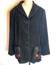 Susan Graver Jacket 1X Black Faux Suede Embroidered Floral Button Front Bohemian