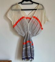 Lemlem V Neck Caftan Neon Orange & Navy Blue Stripes | M