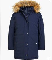 J. Crew Faux Fur Trim Winter Parka Long Navy Blue Coat Down Filled Puffer Small