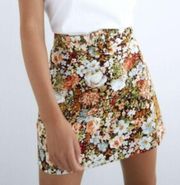 Zara Velvet Belted High Waisted Floral Mini Skirt Leg Slit Corduroy Retro 70s S