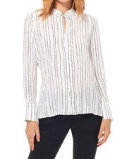 Ecru White Black Striped Long Sleeve Button Down Silk Keyhole Top Women's Medium