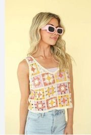 New Rebellion Again Women's Crochet Patchwork Tank Crop Top Pink Yellow Purple M