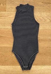 Topshop Mock Neck Striped Sleeveless Bodysuit in Black & white