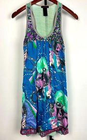 Custo Barcelona Blue Green Pink Floral Sequin Tank Top