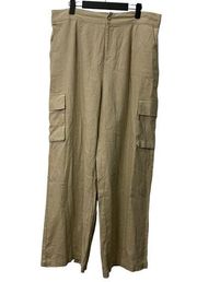 Tahari Pants Women's Extra Large Cargo Tan Beige Linen Elastic Waist Wide Leg